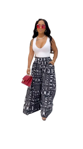 Printed casual vogue letters wide-leg culottes with pockets