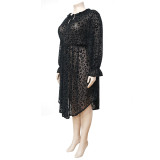 Oversized women's flower collar flocked mesh leopard print see-through dress