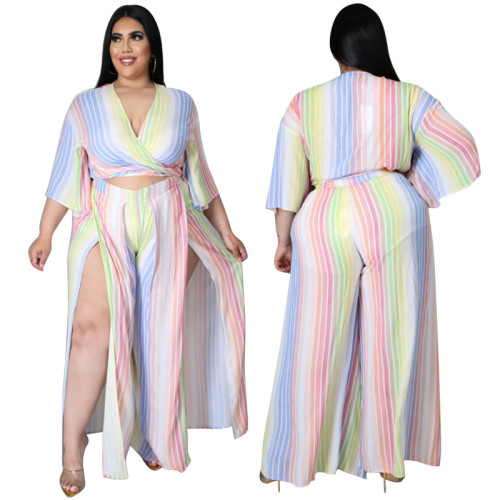2021 plus size women's striped pink fashion casual temperament cardigan mid-sleeve short striped skirt suit