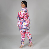 Women's high waist fashion casual sexy printing long sleeve plus size two-piece suit