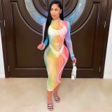 New personality rainbow printed long-sleeved tight-fitting hip skirt sexy see-through mesh dress women