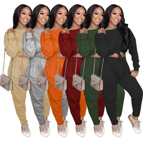 Women's solid color loose long-sleeved T-shirt + pleated waist casual pants suit