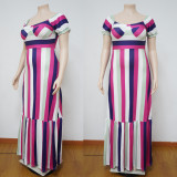 Plus size women's color printing loose short sleeves big swing dress long skirt