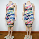 Plus size women's 2021 summer new style printed sling sleeveless fashion casual elegant dress