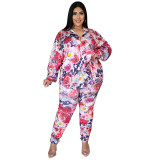 Women's high waist fashion casual sexy printing long sleeve plus size two-piece suit