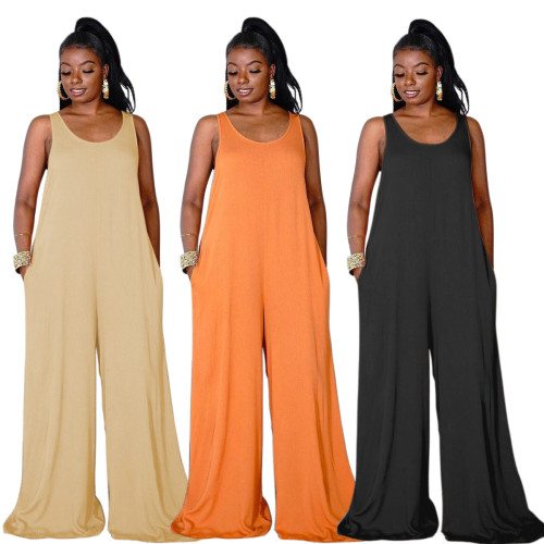 New European and American women's casual solid color sleeveless wide-leg jumpsuit