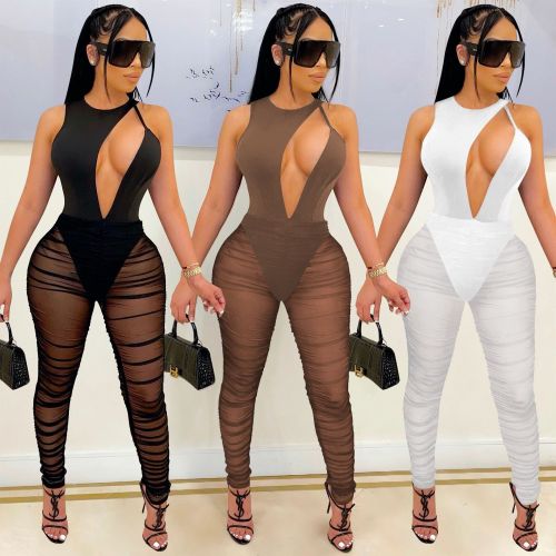 Sexy nightclub solid color sleeveless mesh see-through jumpsuit trousers