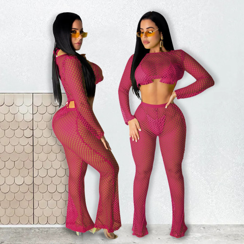Fashion sexy perspective solid color mesh sweatpants suit