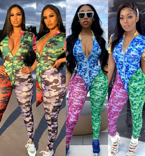 Stitching contrast print sexy camouflage jumpsuit