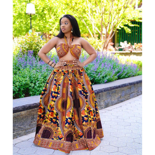 Two-piece set of ethnic style printed strappy high waist big swing skirt