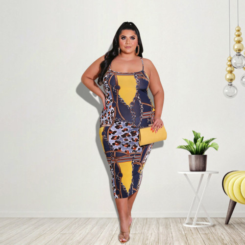 Plus size women's 2021 summer new printed halter dress with suspenders