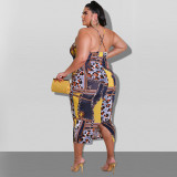 Plus size women's 2021 summer new printed halter dress with suspenders