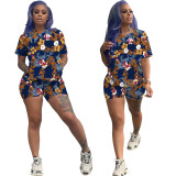 Fashion casual sports suit cotton printed short-sleeved shorts suit two-piece women