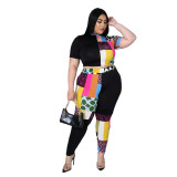 Fashion plus size women's print hit color half high neck T-shirt two-piece suit