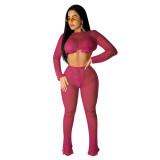 Fashion sexy perspective solid color mesh sweatpants suit