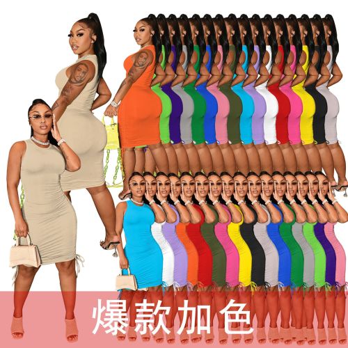 Women's round neck sleeveless pleated dress solid color stretch sexy nightclub dress