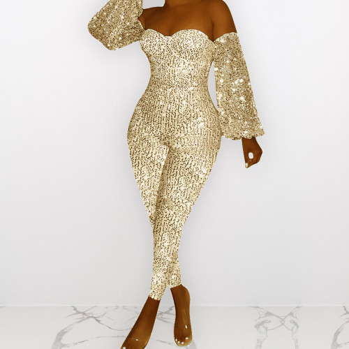 Sequined Cloth Sleeve One-shoulder Long Jumpsuit (Long)