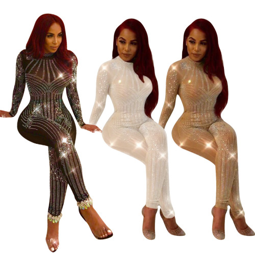 Sexy European and American nightclub women's hot drilling new hot drilling mesh jumpsuit