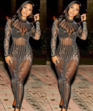 Sexy European and American nightclub women's hot drilling new hot drilling mesh jumpsuit