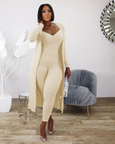 Beautiful Women's Casual Rib Long Sleeve Jacket + Slim Jumpsuit Two Sets