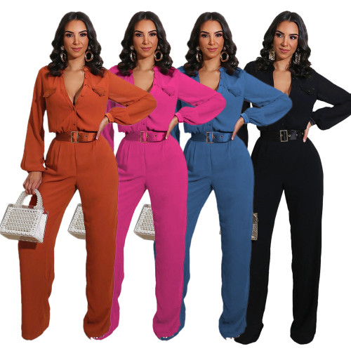 New style stand-up collar single-breasted solid color long-sleeved jumpsuit Slim-fit cotton wide-leg pants