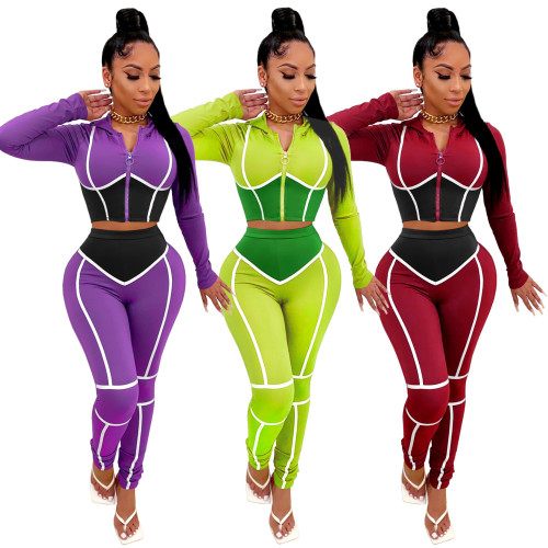 2021 autumn and winter women's color contrast tight-fitting yoga wear zipper sports hooded cotton two-piece suit