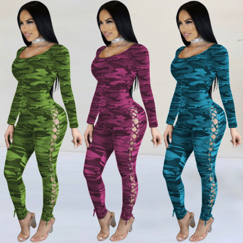 Sexy skinny camouflage double-sided eyelet long-sleeved 3-color cotton jumpsuit