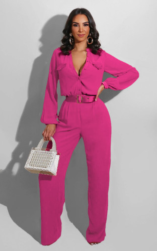 New style stand-up collar single-breasted solid color long-sleeved jumpsuit Slim-fit cotton wide-leg pants