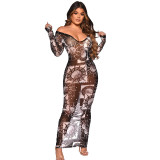 New autumn and winter printed sexy dress with deep V neckline