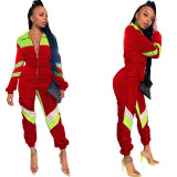 Sexy stitching solid color V-neck long-sleeved jumpsuit