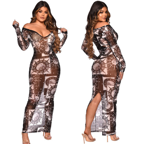 New autumn and winter printed sexy dress with deep V neckline