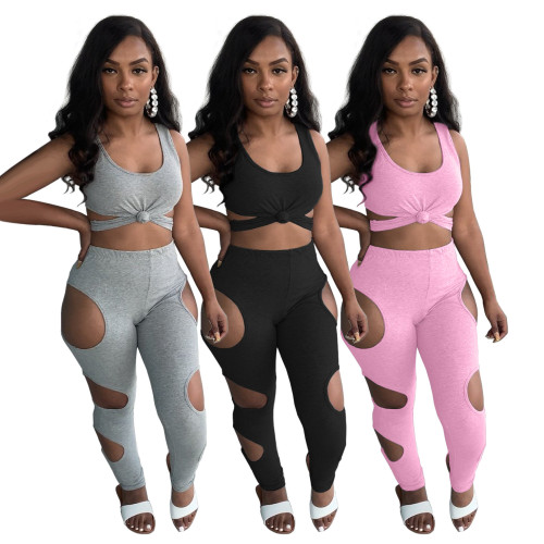 Fashion casual sports suit with ripped vest, two-piece cotton