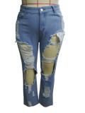 2021 new net red plus size straight pants big hole jeans fashion foreign trade beggar pants