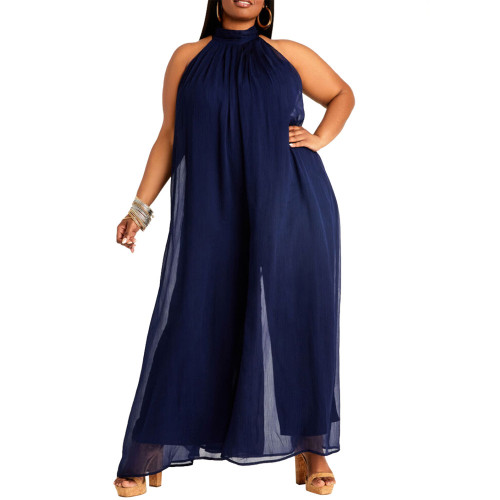 Fashion round neck casual loose solid color large size jumpsuit