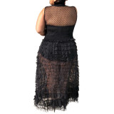 Large size ladies lace cloth cake skirt high neck temperament dress    （With one-piece underwear）