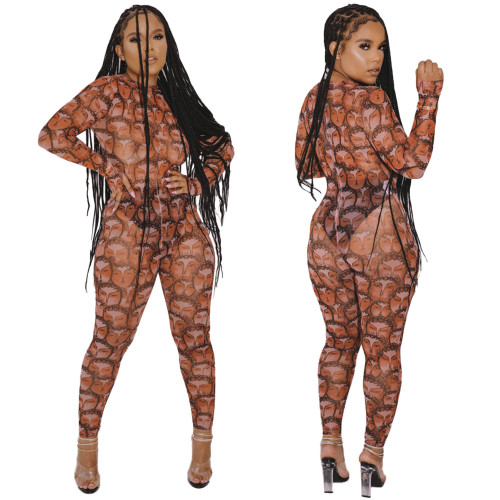 2021 autumn and winter personalized print sexy see-through jumpsuit