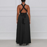Elegant temperament dress crossed straps to close the waist, open fork solid color large size dress