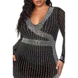 New Autumn and Winter Sexy V-neck Long Sleeve Irregular Dress Solid Color Large Size Hot Rhinestone Dress