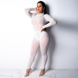 Sexy perspective fashion round neck back zipper, hot diamond and bubble beads plus size jumpsuit