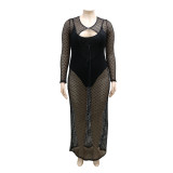 Plus size women's clothing solid color sling one-piece small vest + sexy mesh blouse two-piece
