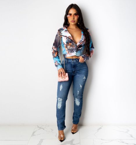 Air layer fashion print sexy short autumn and winter long-sleeved blouse women