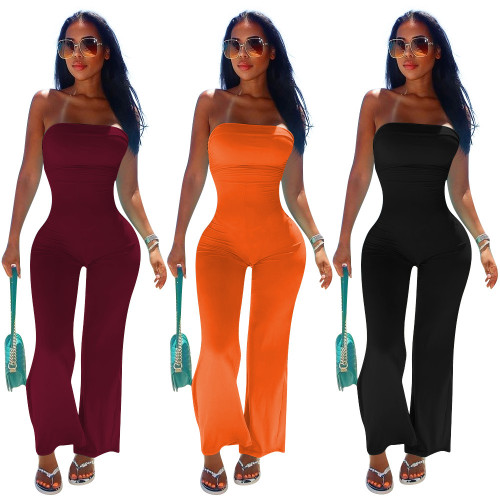 Solid color skinny sexy wrap chest strap jumpsuit
