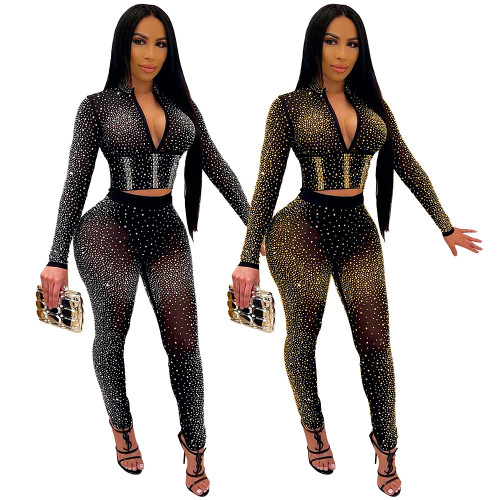Fall/winter hot rhinestone polyester mesh pants suit with zipper neckline and panties