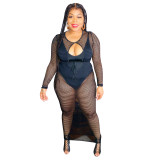 Plus size women's clothing solid color sling one-piece small vest + sexy mesh blouse two-piece