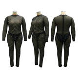 Sexy perspective fashion round neck back zipper, hot diamond and bubble beads plus size jumpsuit