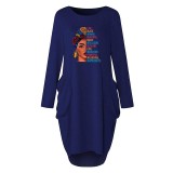 Turtleneck round neck casual loose printed pockets large size imitation cotton pull frame women's dress