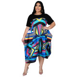 Large size women's fashion round neck stitching color rectangle printing dress irregular big skirt
