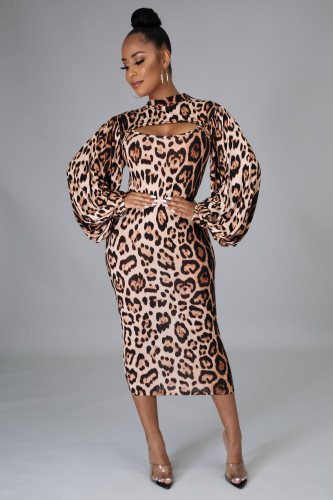 New fashion two-piece leopard print long-sleeved dress