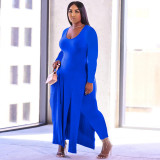 Solid color sexy long-sleeved dress plus size cotton two-piece suit