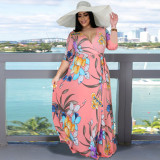 Plus size women's V-neck mid-sleeve split dress Bohemian beach print large-length dress